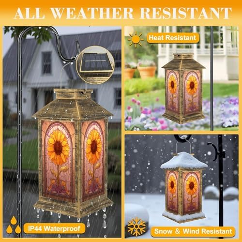 Stained Glass Style Solar Lantern Outdoor Garden Hanging Lantern Vintage Floral Stained Glass Window Design Yellow Orange Waterproof Solar Powered Lighting Outside Table Lamp for Patio Deck Yard - Image 3