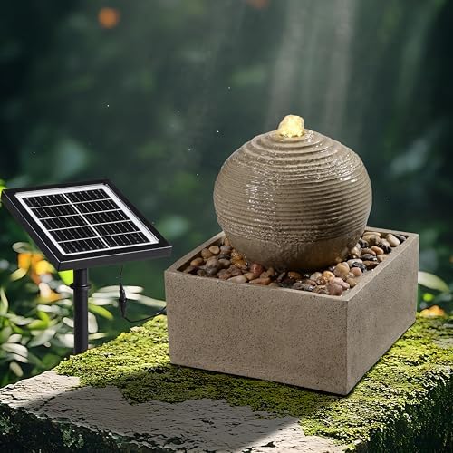 Solar Fountain Outdoor with LED Lights, Zen Sphere Water Fountain, Small Resin Garden Water Feature for Patio, Porch, Deck, Backyard & Indoor Decor, 12 Inch - Image 3