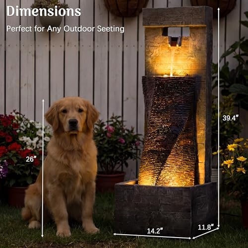 Redlife 39" Outdoor Waterfall Fountain, Modern Wall Water Feature with LED Lights, Resin Floor Standing Fountain with Adjustable Pump, Tall Patio Garden Backyard Decor - Image 2