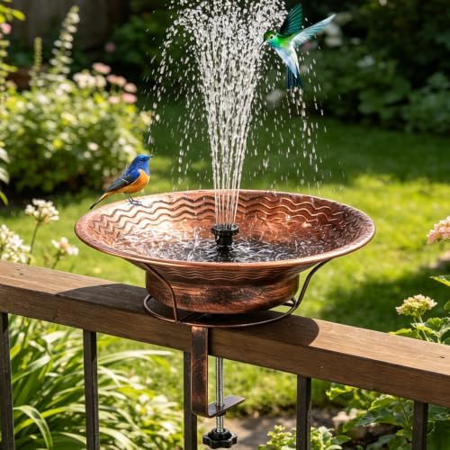Deck Mounted Bird Bath with Railing Clamp, Solar Bird Bath Fountains by TICKCACY-EnrichYourLife