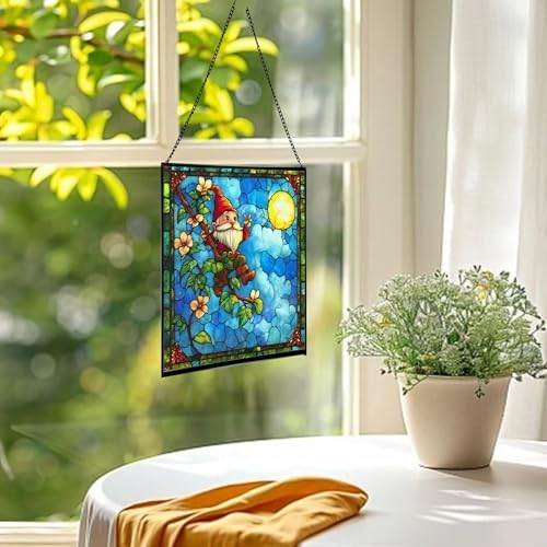 Glowing Vine Gnome Stained Glass Suncatcher – Square Hanging Window Panel for Home or Greenhouse – Whimsical Glass Art Gift for Garden Lovers, Christmas, Halloween, Father Days nPLiIr - Image 3