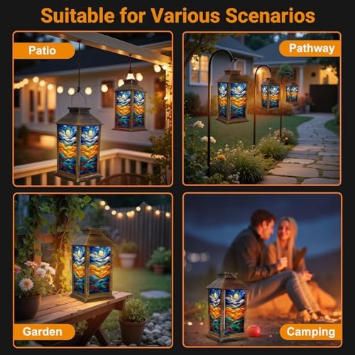 Solar Lantern Outdoor Waterproof Stained Glass Abstract Ocean Waves Sun Vibrant Colors Garden Decor LED Hanging Solar Lights Tabletop Lamp Gifts for Women Mom Outside Yard Patio Porch - Image 6