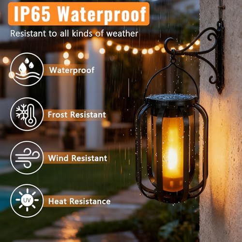 2 Pack Solar Lantern Lights Outdoor Waterproof Flickering Flame Light, Solar Lights with Dual Charging (USB/Solar) & 4 Modes Hanging Camping Light for Yard Patio Path Tree Porch Garden Decoration - Image 4
