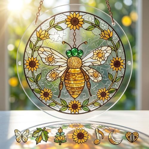 Bee Puzzle Acrylic Suncatcher Size 12 inches, Floral Garden Window Hanging Ornaments, Stained Glass Effect Garden Decor for Puzzle Lover by GIKZO