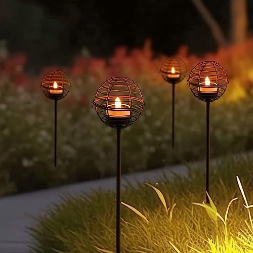 Solar Pathway Lights Outdoor, Rust Iron Ball Candle Holder Stake with Flickering Solar Powered Tea Lights, Perfect Decorative Garden Lighting for Yard Lawn Patio Landscape Decor Outside-4Pack by TWINKVILLA