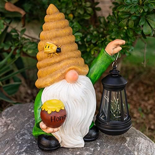 12.3'' Solar Garden Gnomes Outdoor Decor Honey Bee jar Gnome Statues with LED Lantern Autumn Patio Lawn Yard Art Decoration Fall Birthday Christmas Gardening Gifts for Mom Dad, Bee Gnome - Image 3