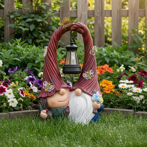 Couple Gnome Figurine with Solar Lantern Gnome Lamp Decor Garden Statue Outside Outdoor Yard Housewarming Gifts for Mom Women Grandma Valentine's Day Anniversary - Image 2