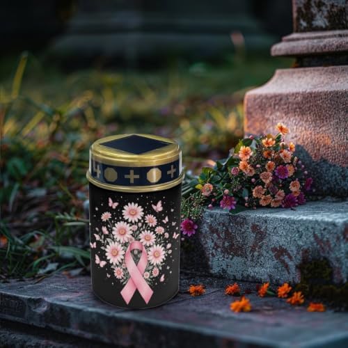 Poceacles Solar Lights Outdoor Grave Candle for Cemetery Decoration Solar Outdoor Lights for Garden Lawn Backyard Pathway Decor, Pink Ribbon Daisy Butterfly Black, Set of 6 - Image 3
