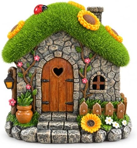 Sunflower Fairy Garden House with Ladybug, Solar Lighted Resin Yard Statue - Image 2