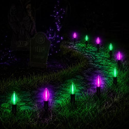 Halloween Pathway Lights with 10 Green and Purple C9 LED Stakes by Konictom
