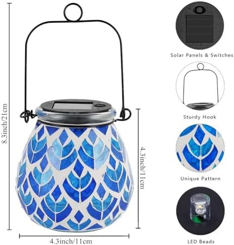 Stargarden 4 Pack Mosaic Solar Lanterns, Blue Glass Hanging Lantern - Image 4