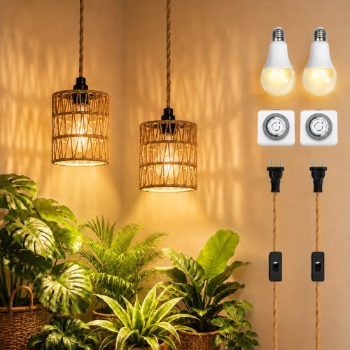 2 Pack Hanging Grow Lights for Indoor Plants Boho Rattan Plant Light by Unknown