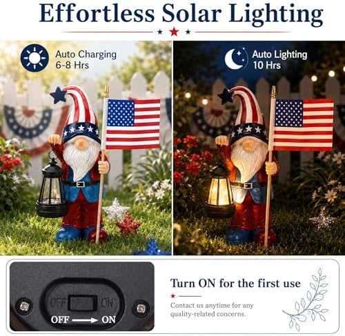 Nacome Solar Patriotic Gnomes Statues with Flag for Garden Decor - Image 6