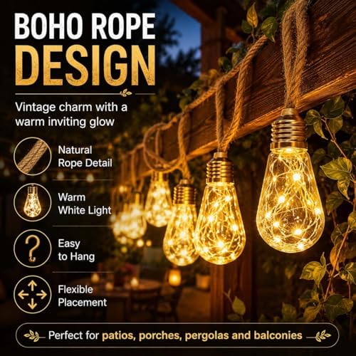 Solar String Lights Outdoor, 18Ft 10 LED Boho Rope Lights with Warm White Bulbs, Solar Powered Patio Lights with 8 Modes, Waterproof, for Garden Porch Decor (24, Warm White, 10m) - Image 6