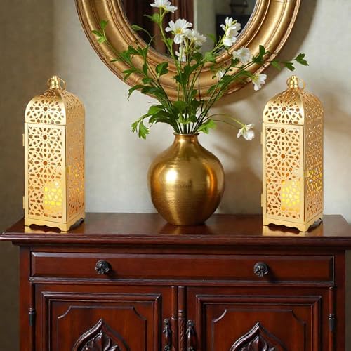 BHCJ 2-Pack Vintage Decorative Candle Lantern 12.5'' High Metal Moroccan Lantern Hanging Lantern with Hollow Pattern for Home Decorations Living Room Garden Parties Events Indoors Outdoors(Gold) - Image 5