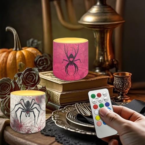 Flameless Candles with Remote Timer, Battery Operated Spider Web Flickering LED Electric Pillar Candles Set of 4 Halloween Decorations - Image 2