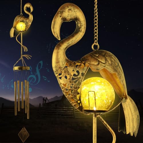 Flamingo Solar Wind Chimes for Outside Gifts for Women Mom Grandma Sister Crackle Glass Ball Flamingo Wind Chimes Solar Lights Outdoor Decor for Garden Backyard Patio Yard Porch, Birthday Gifts by JOBOSI
