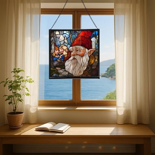 Gnome with Wisdom Sharing Stained Glass Suncatcher – Square Hanging Window Panel for Home, Garden, Nursery, Halloween, Christmas, Memorial Day – Whimsical Glass Art Gift for Gnome Lovers 19170m - Image 6