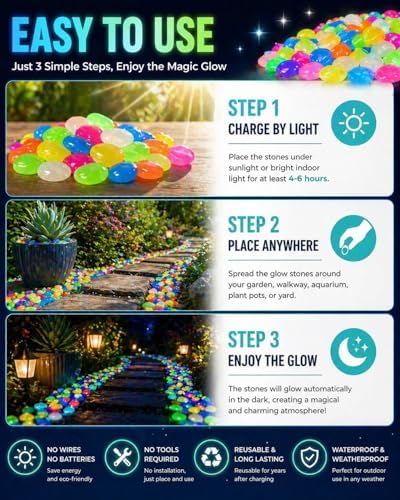 gifskiu Large Glow in the Dark Rocks Garden Stones Pebbles Indoor Outdoor Aquarium Decor, Mixed Color Luminous Glow Stones for DIY Landscaping Potted Plant Fish Tank Walkways Driveway(500PCS) - Image 4