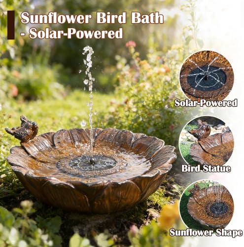 Outdoor Solar Bird Bath with Water Pump Fountain, Two Usage Modes for Hummingbird, 16.9" W Solar Powered Birdbath, Sunflower with Bird, 7 nozzles Water Feature for Garden Backyard Decor (Brown) - Image 2
