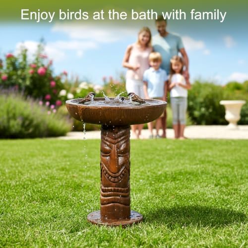 Tiki Bird Bath for Outdoor Garden, 18.9" Hawaiian Style Totem Pole Birdbath with Tiki Face Pedestal, Fiber-Reinforced Concrete Yard Decor, 30 lb Brown Tribal Statue - Image 6