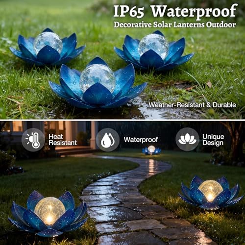 Huaxu Solar Lights Outdoor Garden Decoration Crackle Globe Glass Waterproof LED Metal Blue Lotus Flowers Gift for Mom,Women,Patio,Lawn,Walkway,Tabletop,Ground - Image 5