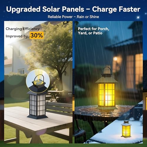 2 Pack 13" Black Solar Lantern with Flickering Flame Candle | Outdoor Waterproof Hanging Solar Lanterns, Metal & Glass Lights for Garden Decoration, Rustic Gifts for Mom - Image 5