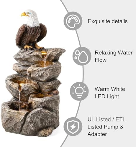 Glitzhome Outdoor Water Fountain with Lights, 4-Tiered Eagel Outdoor Fountain, 25.25" H Polyresin Decorative Waterfall Feature Garden Fountain with Pump for Garden, Patio, Yard, Deck, Porch Decor - Image 2