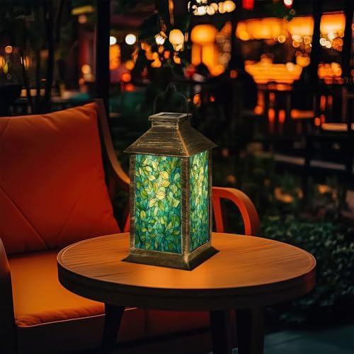 Solar Lantern Leaf Vine Stained Glass Teal Green Mosaic Style Outdoor Waterproof Hanging Solar Light Outside Lights for Patio Yard House Lawn Decor Birthday Gifts for Women Mom - Image 7