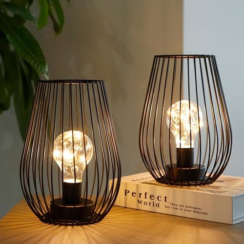 TRIROCKS Metal Cordless Table Lamp - 8'' Tall Set of 2 Cage Shape Battery Operated Lamp with Fairy Lights Bulb for Indoor/Outdoor Use Perfect for Christmas Garden and Weddings (Black,Set of 2) by TRIROCKS