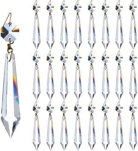 24Pcs 63mm Clear Crystal Chandelier Icicle Prisms with Octagon Beads,Crystals Lighting Lamp Replacement Parts,Christmas Wedding Party Decor (Clear Color with Gold Pin, 63mm (2.5inches)) by KINGSCRYSTAL