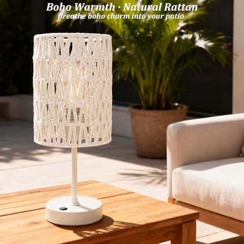 Boho Cordless Outdoor Table Lamps, Rechargeable Battery Operated Rattan Table Lamps, Stepless Dimmable, for Covered Patio, Porch, Gazebo, Living Room, Bedroom Decor- Set of 2 (Ivory White) - Image 7