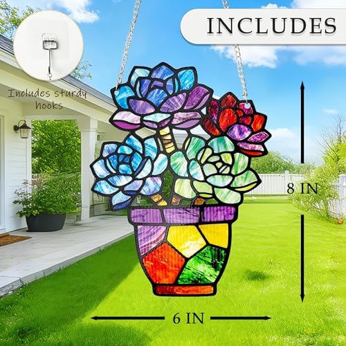 Plant Suncatcher Glass, Stained Glass Suncatcher Plant Window Hanging, Unique Nature Lover Gifts Leaf Idea (Succulent) - Image 3