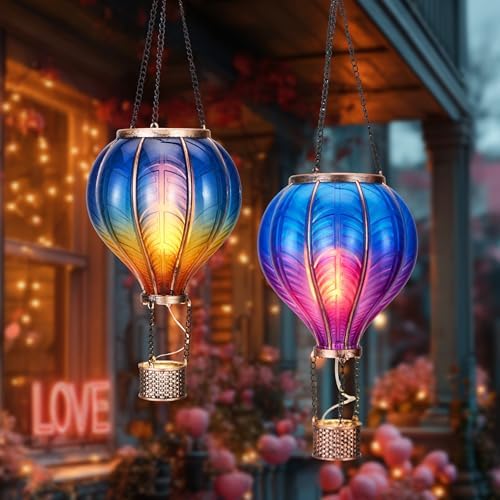 TERESA'S COLLECTIONS 2 Pack Hanging Solar Lantern Outdoor Garden Decor for Valentine,Waterproof Plastic Hot Air Balloon Blue Flickering Flame Effect Lantern for Yard Tree,Gift for Mom,18" - Image 2