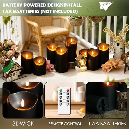 kakoya Flameless LED Candles Battery Operated with Remote and Timer,Flickering Electric Fake Plastic Pillar Candles Set of 24(D3 x H 3" 4" 5") Black - Image 4