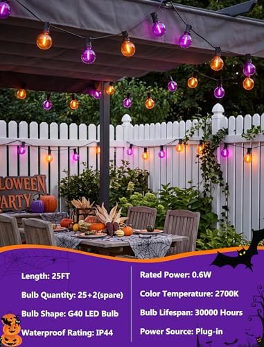 25FT G40 LED Outdoor Halloween String Lights, Orange and Purple Halloween Decorations Lights with 27 Shatterproof Globe Bulbs(2 Spare), Hanging Patio Lights for Holiday Balcony Backyard Party Garden - Image 4