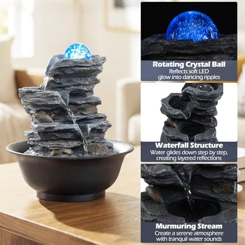 Giantex Tabletop Water Fountain with Rotating Crystal Ball & LED Lights, Tiered Rock Waterfall with Pump, Zen Meditation Desktop Decor for Office, Home Relaxation (Offset Stream) - Image 4