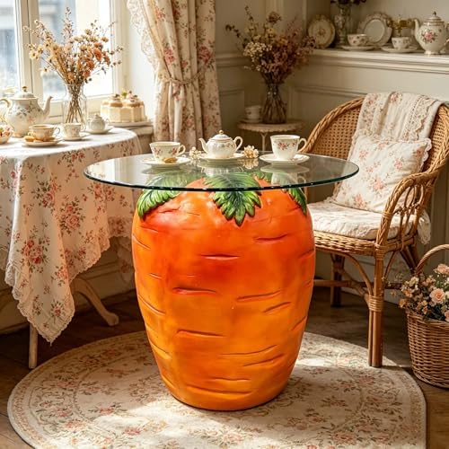 16" Carrot Shaped Resin Side Table with Glass Top, Whimsical Fruit Accent End Table for Living Room, Bedroom, Patio, Garden & Indoor Outdoor Decor - Image 3