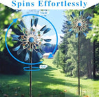 NUENUN Wind Spinner Outdoor Metal - Multi-Color Seasonal LED Lighting Solar Powered Glass Ball with Kinetic Wind Spinner Dual Direction for Patio Lawn & Garden (Blue with Light) - Image 4