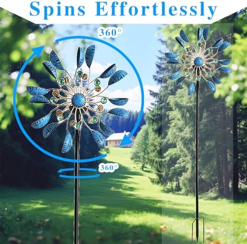 NUENUN Wind Spinner Outdoor Metal - Multi-Color Seasonal LED Lighting Solar Powered Glass Ball with Kinetic Wind Spinner Dual Direction for Patio Lawn & Garden (Blue with Light) - Image 4