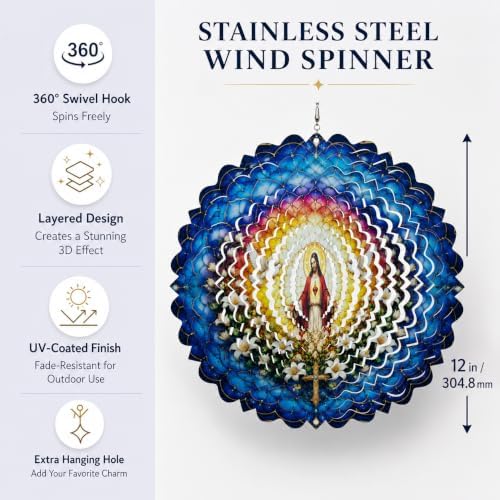 Shwing Wind Spinner 12 Inch Jesus Sacred Heart Wind Spinner Hanging Wind Sculptures Christian Faith Decor Cross Dove Metal Ornament Outdoor Kinetic Garden Art for Patio Porch Garden Decoration - Image 4