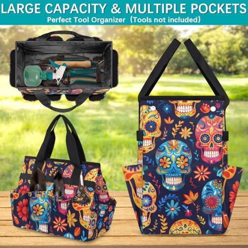 Lovely Skull Cute Garden Tool Bag Tote for Men Women Multiple Pockets Wide Mouth Heavy Duty Waterproof Tool Organizer Bag for Outdoor Lawn Yard Portable Gardening Storage With Elasticbands - Image 3