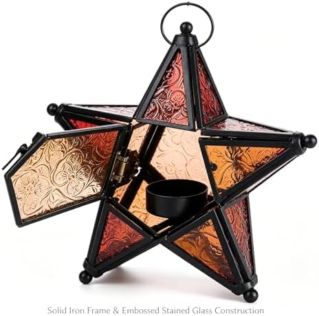 Moroccan Star Lantern,Metal Moroccan Star Lanterns Hanging,Vintage Five Point Star Hanging Candle Lantern, Embossed Stained Glass Iron Windproof Tealight Holder (Yellow) - Image 7