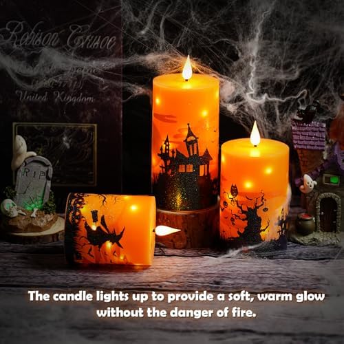 kakoya Flickering Flameless Candles with Remote,3 Pcs Real Wax LED Pillar Candles Battery Operate with Embedded Star String for Creation of Horror Atmosphere Halloween Decoration Gifts(Orange) - Image 4