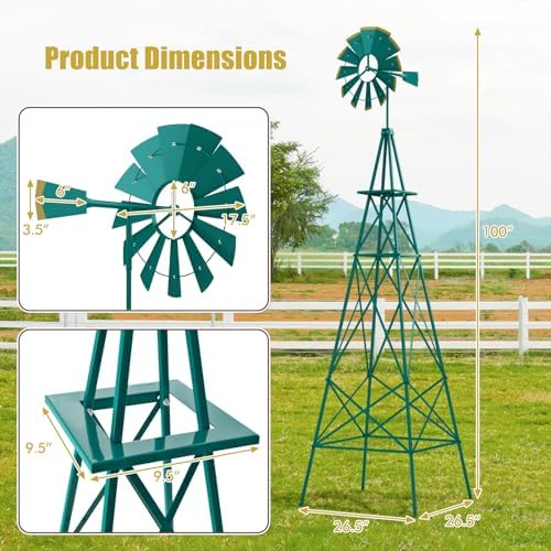 Goplus 8 ft Ornamental Windmill, All-Weather Metal Wind Mill w/ 4 Support Legs, Decorative Weathervane for Backyard, Garden, Farm, 4 Ground Stakes Included (8ft-Green) - Image 7