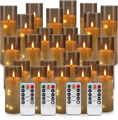 24 Pack Flameless Candles with Embedded Star String Fairy Lights, Battery Operated Candles, LED Candle, Fake Candles with Remote Control and Timer, Grey,(D2.2 x H 5" 6" 7") by Enpornk