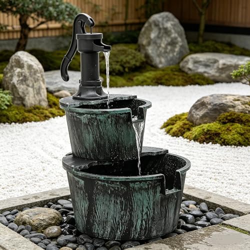 MoNiBloom Outdoor Water Fountains, 27" Tall 2-Tier Barrel, Green - Image 6