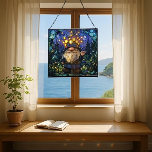 Firefly Crown Gnome Stained Glass Suncatcher – Square Hanging Window Panel for Home or Greenhouse – Whimsical Glass Art Gift for Garden Lovers, Christmas, Halloween, Father Days 8nQygN - Image 6