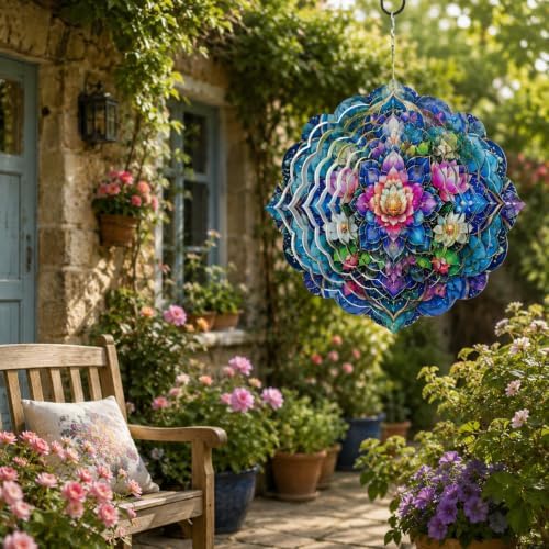 Shwing 12 Inch Wind Spinner Hanging Wind Sculptures Lotus Flower Metal Decor Double Sided Outdoor Kinetic Garden Art 3D Wind Spinner Hanging Ornament for Patio Porch Balcony Backyard Tree Decor - Image 4