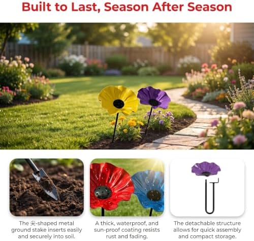 Handmade Metal Flower Garden Stake, 2 in 1 Outdoor Bird Bath & Pollinator Water Station, Weather Resistant Yard Art Decor, Detachable Butterfly Bee Drinking Bowl Garden Ornament (4, Yellow) - Image 5